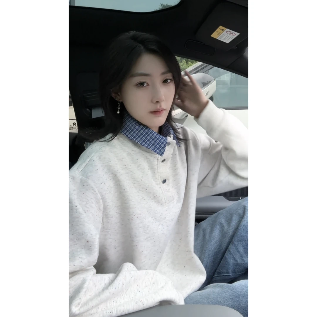 波点假两件格子拼接POLO衫长袖T恤百搭情侣款秋季美式简约慵懒风