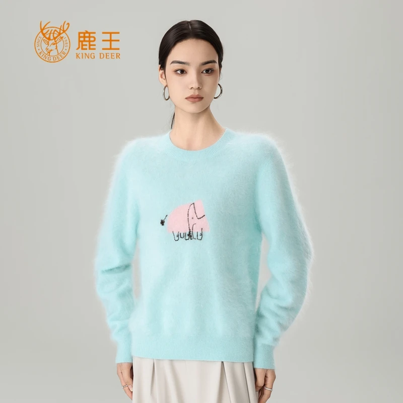 鹿王25秋冬新款女圆领100山羊绒时尚休闲提花拉绒套衫 厚 L652