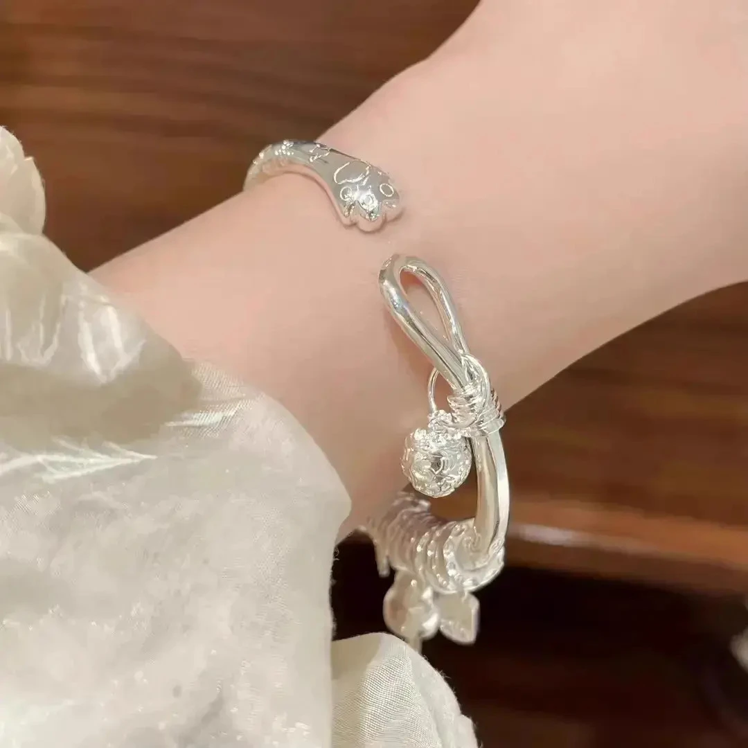 999.9银吉言平安锁镯女款铃铛猫爪盘缠手环时尚百搭送女友礼物