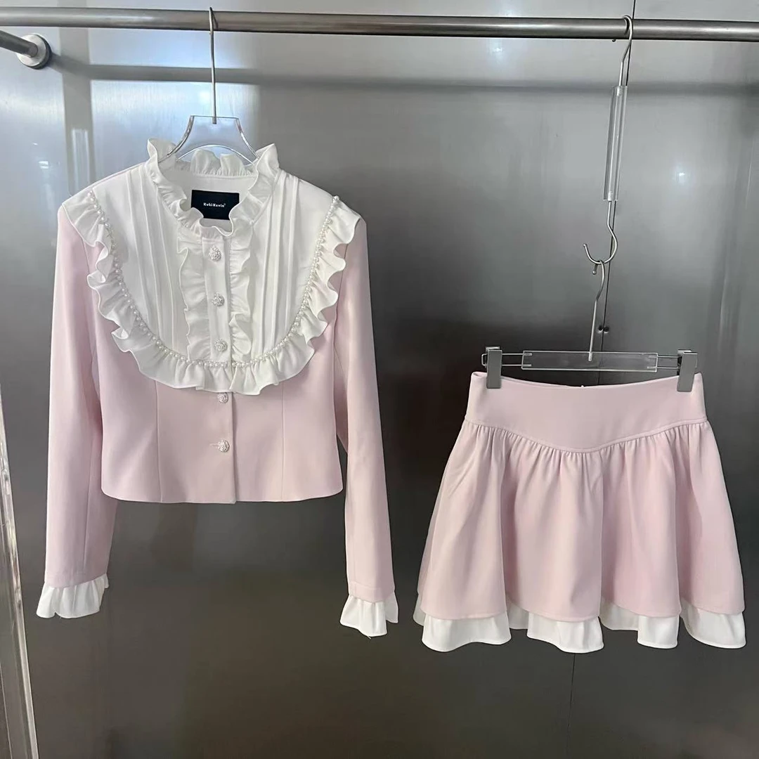 【樱花诗集】2025春款气质设计感粉色短裙套装