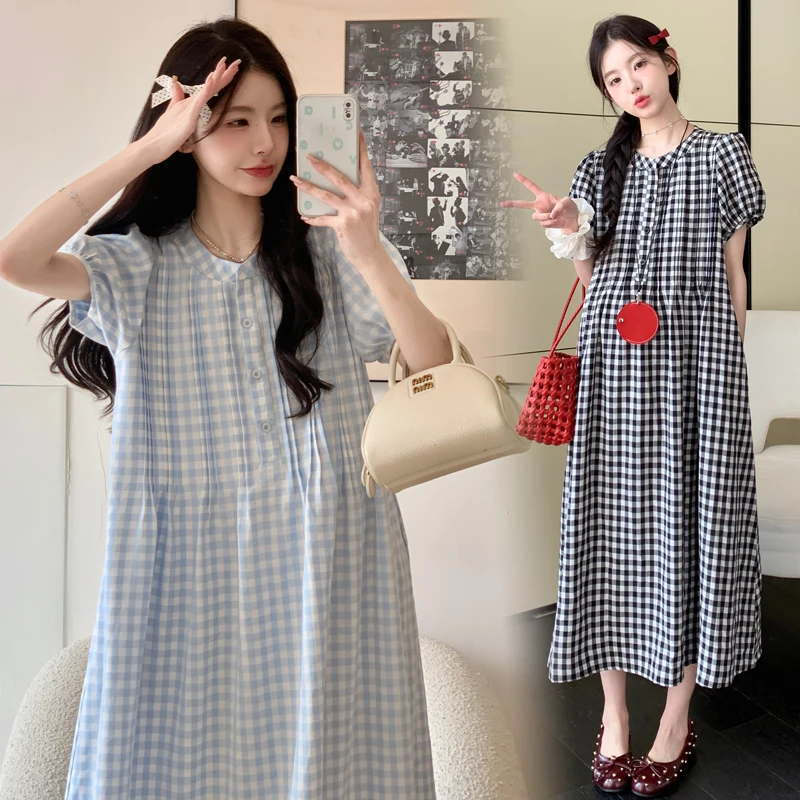 { 糕糕 }孕妇装2025夏季新款泡泡袖法式复古格子胸前收褶连衣裙
