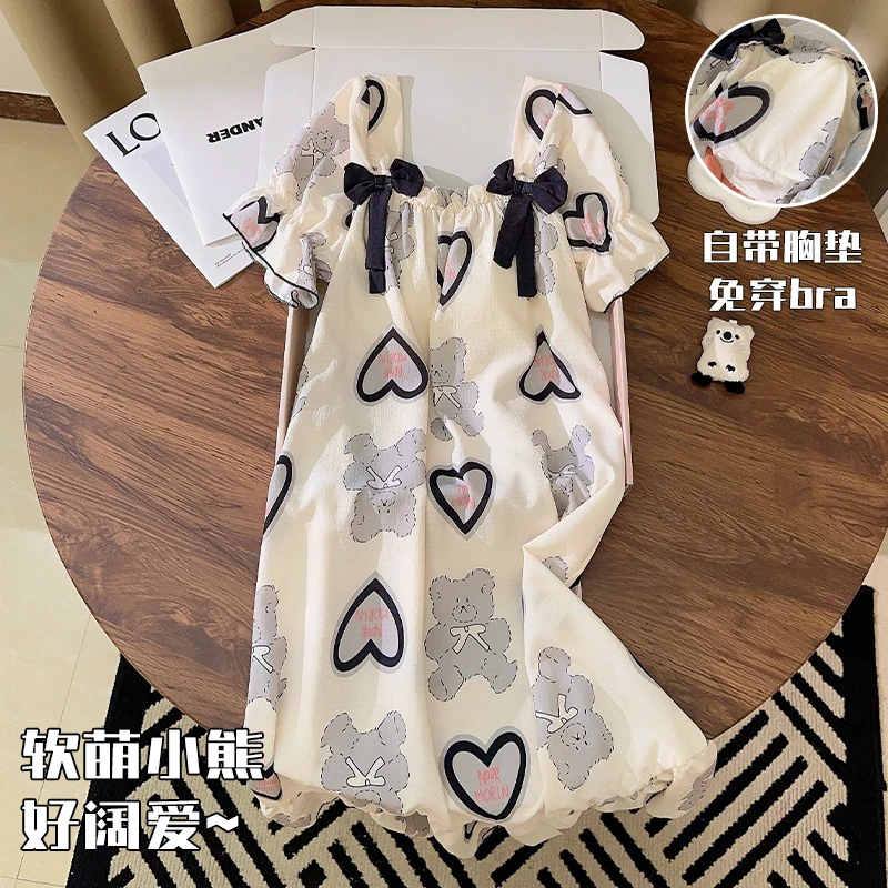 带胸垫睡裙夏季女款梭织棉防凸点睡衣夏天可爱卡通爱心小熊家居服