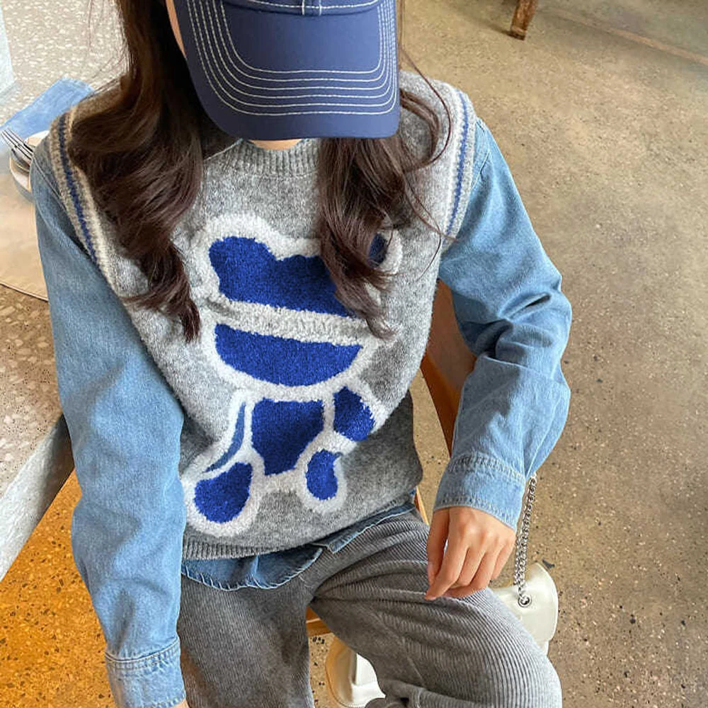 灰色小熊针织马甲背心女春秋装欧货爆款外搭无袖坎肩毛衣外套上衣