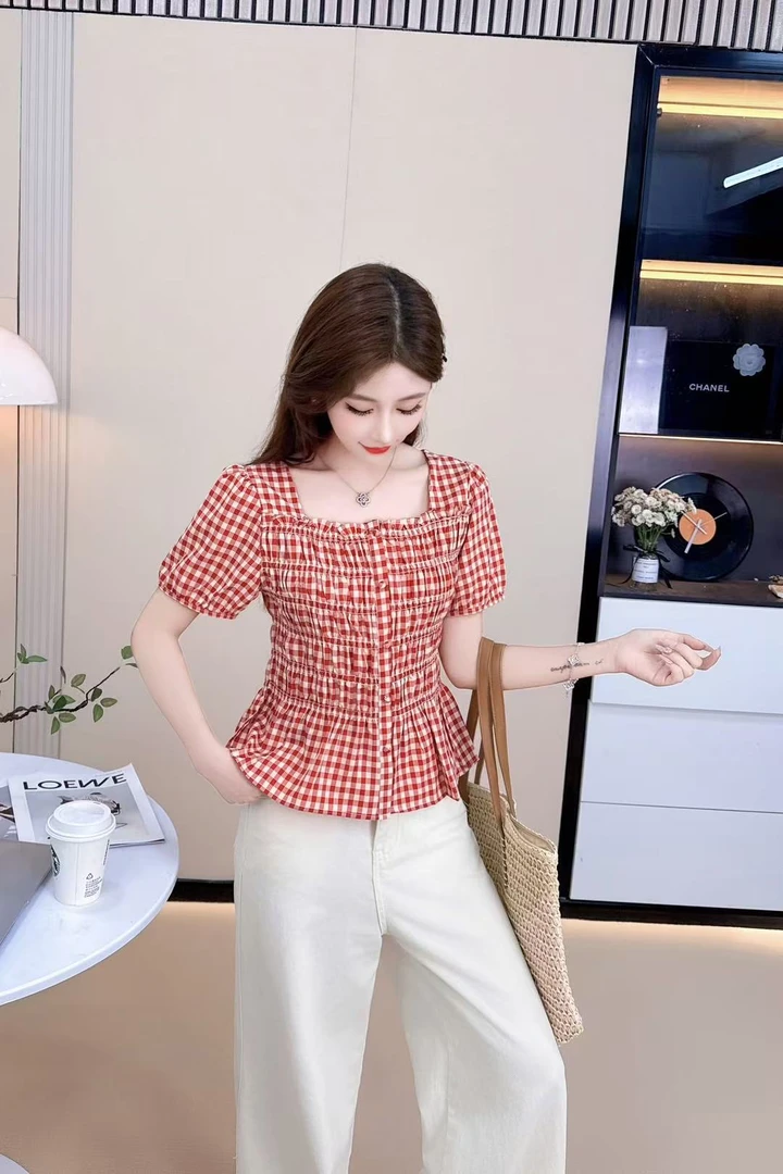 8812夏季新款时尚甜美格子衬衫百搭显瘦女