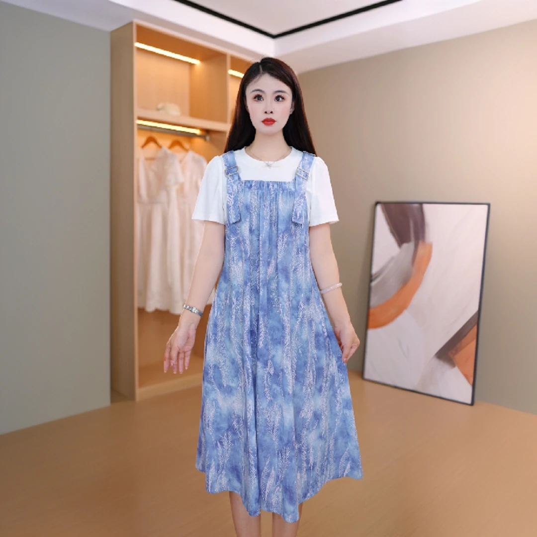 拼接中式盛夏高级氛围感2025新时尚减龄洋气百搭短袖假两件连衣裙