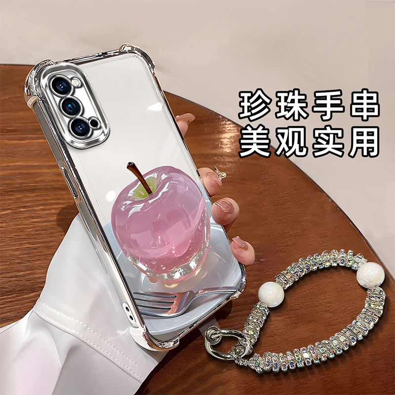 适用于【OPPO】Reno4时尚创意水晶苹果全包电镀四角防摔手机壳女