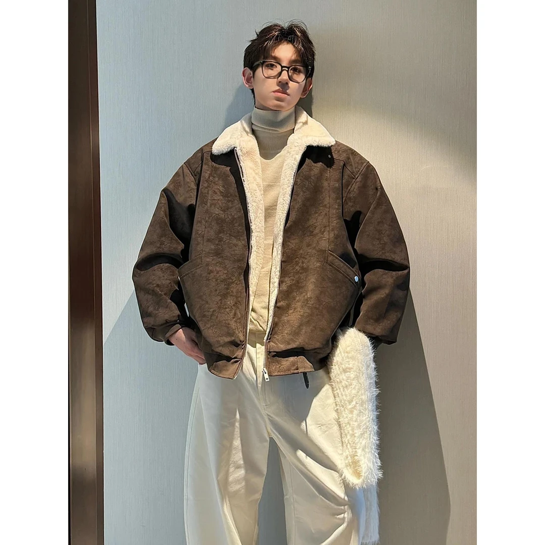 美拉德咖色扎染羊羔绒外套男款冬季加绒加厚夹克棉服pu皮机车皮衣