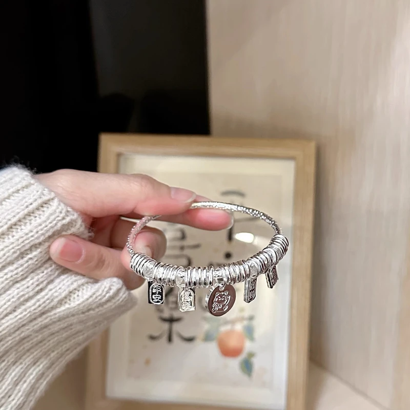 足银手镯 平安纳福招财猫盘缠手镯足银999轻奢小众情人节送女朋友