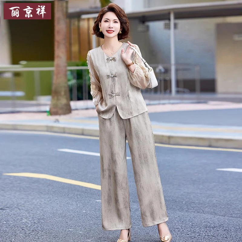 年轻妈妈新中式薄纱上衣套装新款中老年女士夏季时尚洋气薄款小衫