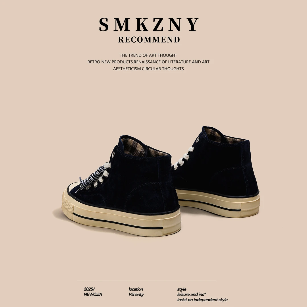 藏蓝高帮鞋女2025秋冬新款平底圆带系带休闲鞋女板鞋百搭短靴