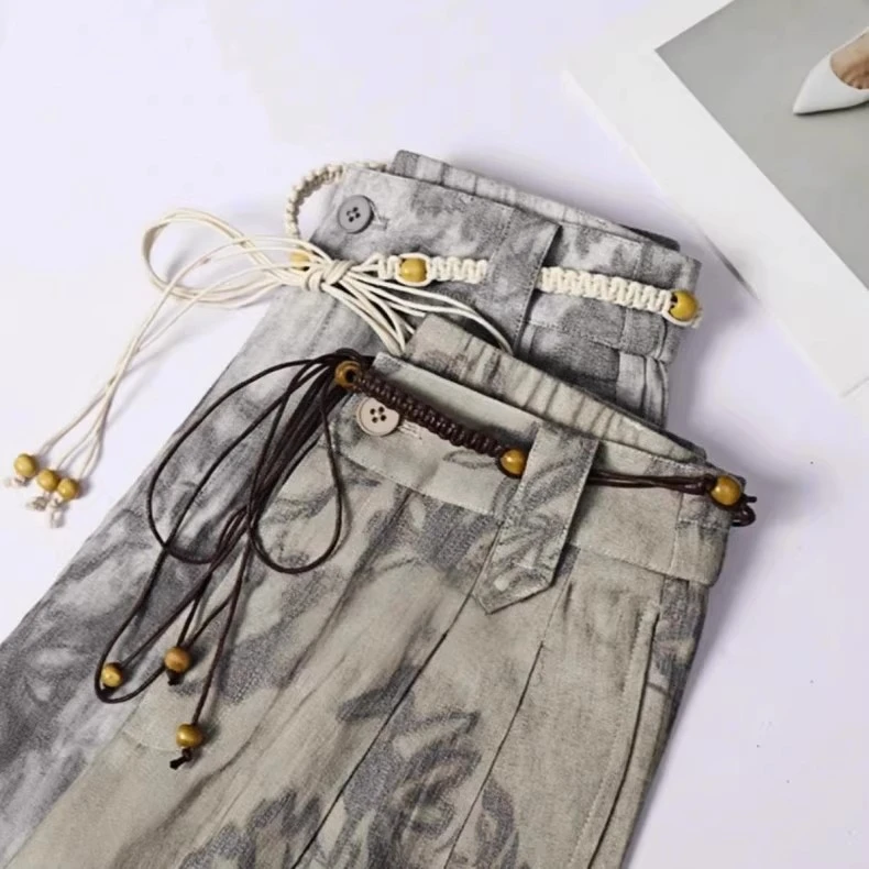 高腰百搭亚麻阔腿裤高腰直筒裤夏季扎染休闲裤重工春夏设计师长裤