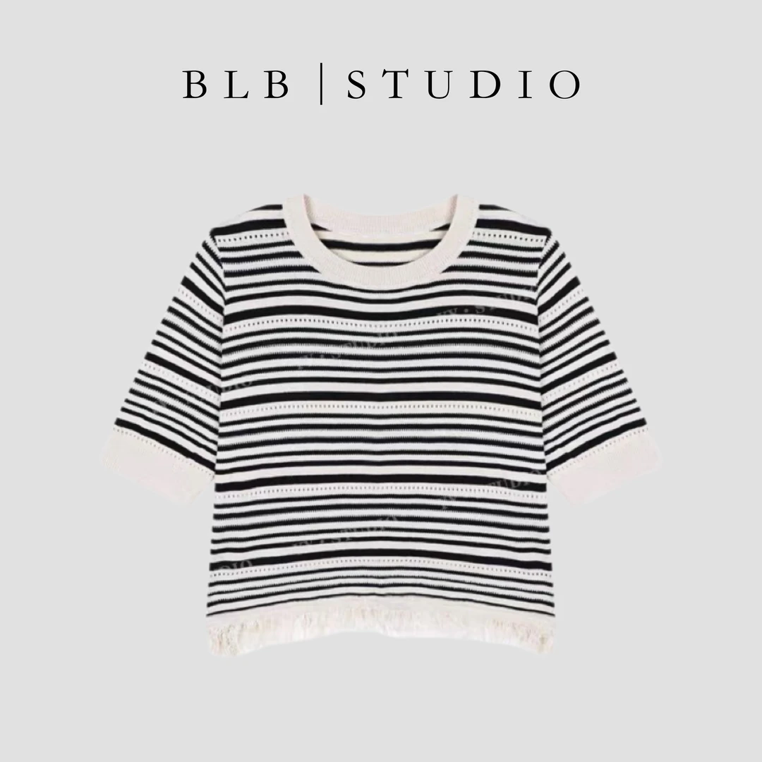 2025夏季新款时尚简约圆领拼接下摆流苏格纹针织衫气质上衣女9277