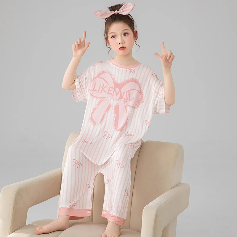 儿童连体睡衣莫代尔夏季短袖薄款中大童可爱防踢被女童连身家居服