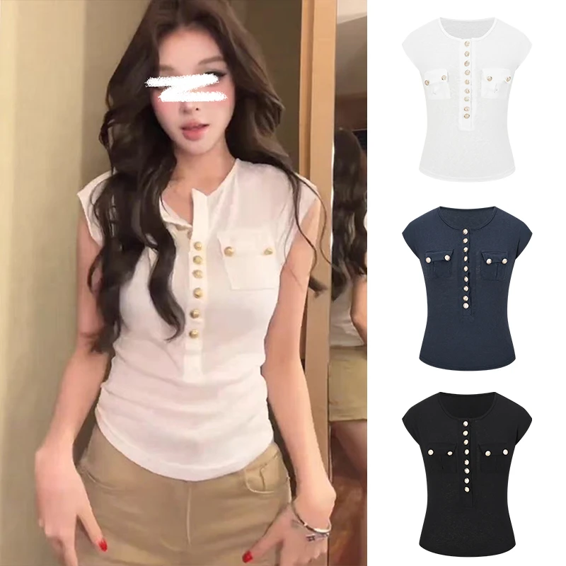 Moses Queen/魔西女王轻熟风半开领短袖T恤辣妹时髦修身显瘦上衣