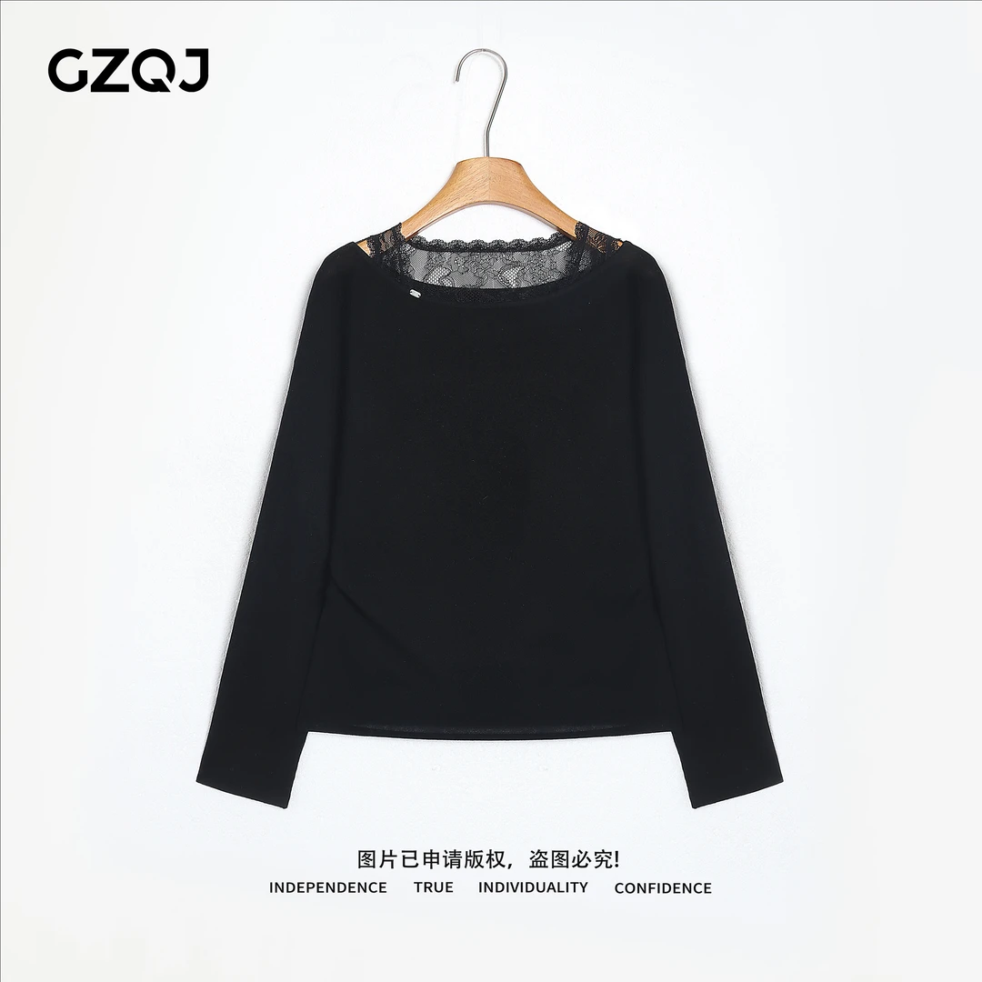 老琴私服【半糖慵懒】高级感气质性感蕾丝拼接漏肩T恤女上衣9318