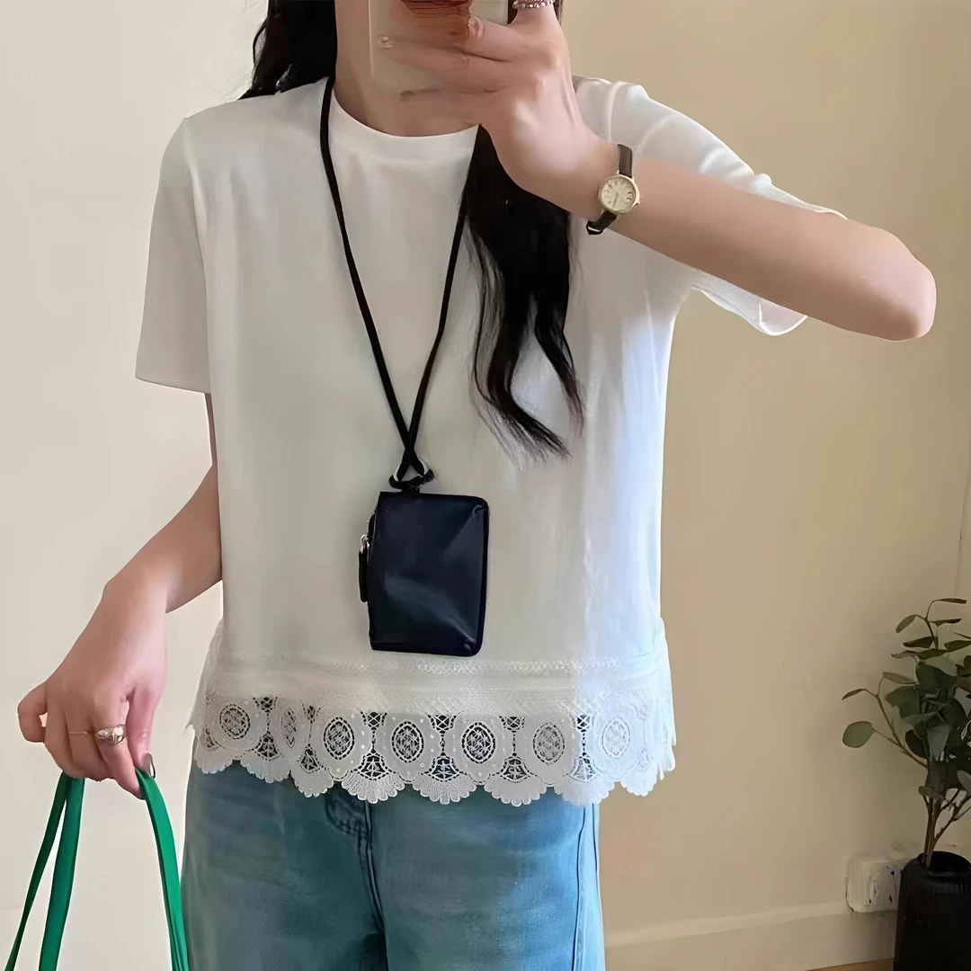圆领短袖t恤女2025夏季新款下摆蕾丝边韩版时尚纯色简约百搭上衣