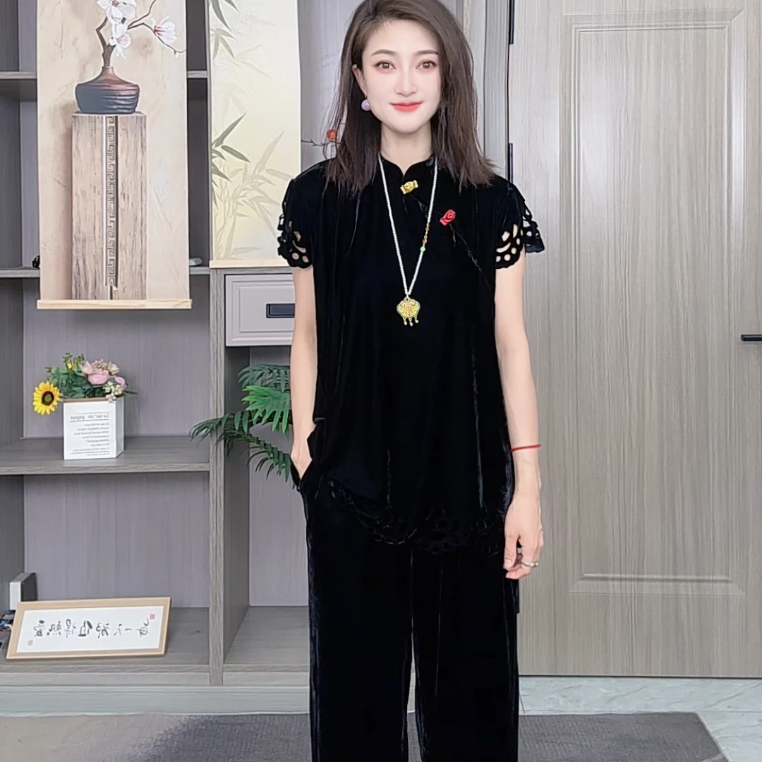 黑色气质中国风复古休闲时尚丝绒镂空套装新中式宽松上衣显瘦重工
