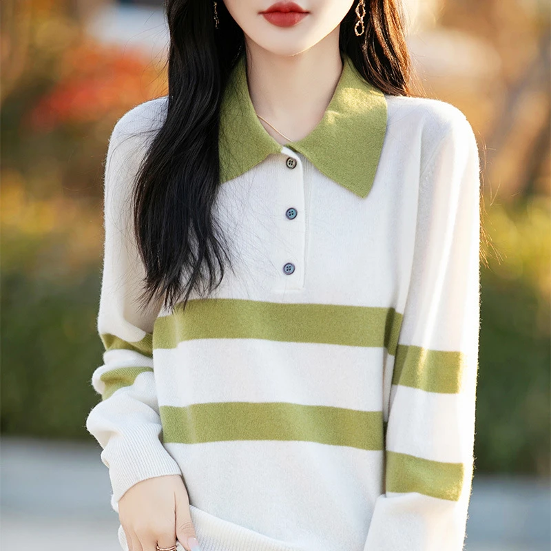 春季25新款女士翻领针织衫拼色条纹针织长袖套头打底毛衣