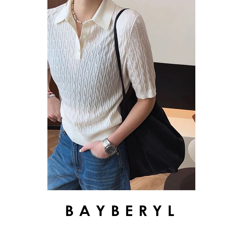 BAYBERYL老贝风吹麦浪*绞花Polo领短袖春针织衫ZZS5A0607