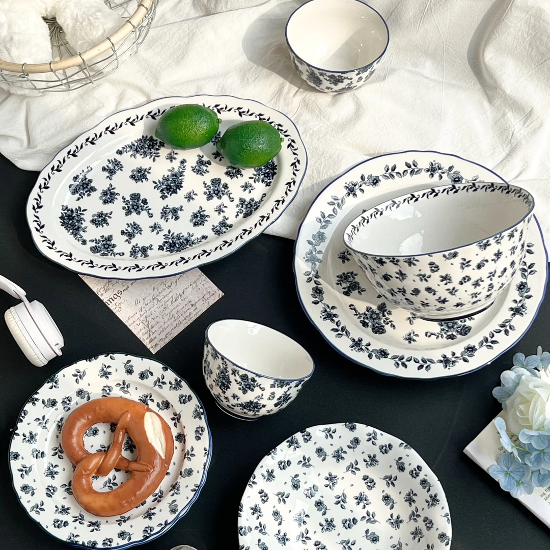 复古陶瓷餐具碗碟家用国潮风碗盘碟中式米饭碗盘子釉下彩汤碗饭碗