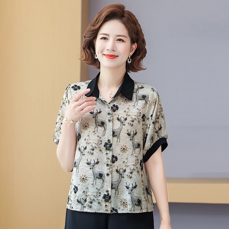 夏季时尚休闲女士气质大码碎花宽松印花翻领百搭洋气显瘦短袖衬衫