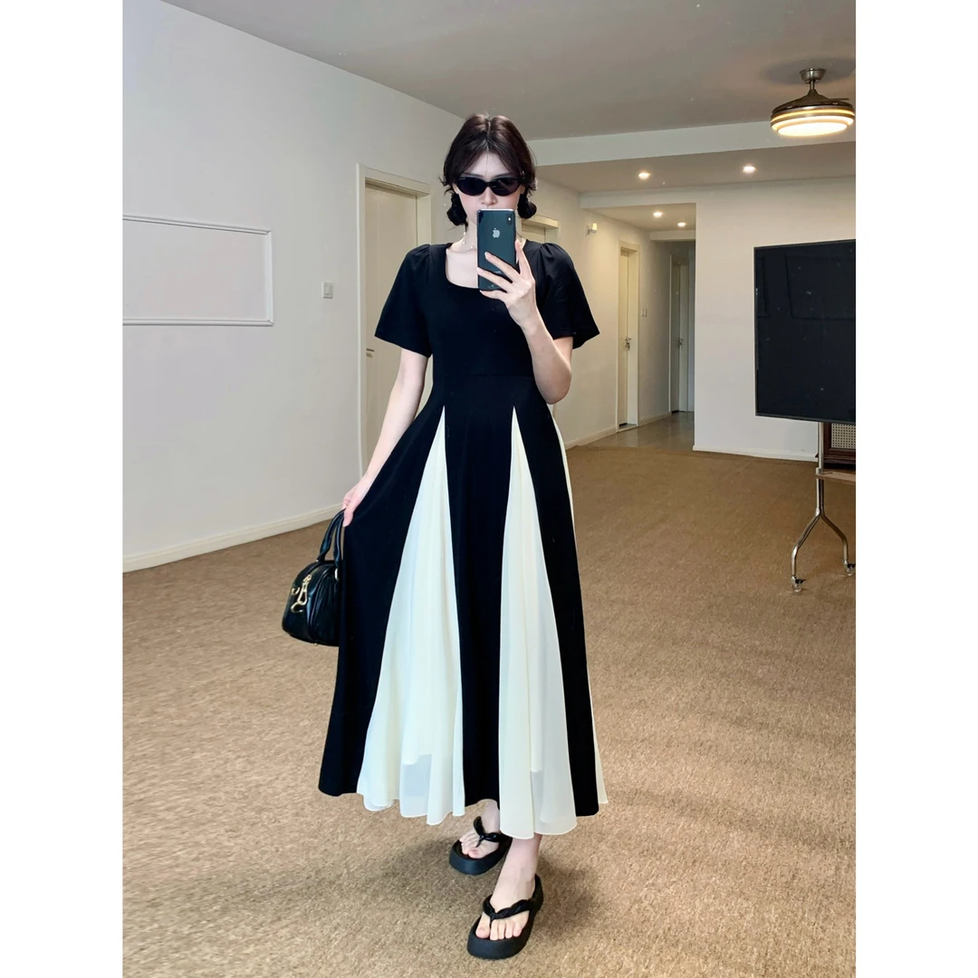 大码女装 法式高级感网纱短袖连衣裙 时尚收腰显瘦别致大摆长裙