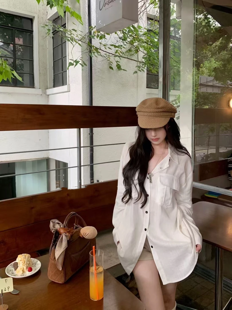 韩版白色polo领长袖衬衫女夏季宽松气质中长款衬衫设计感防晒上衣