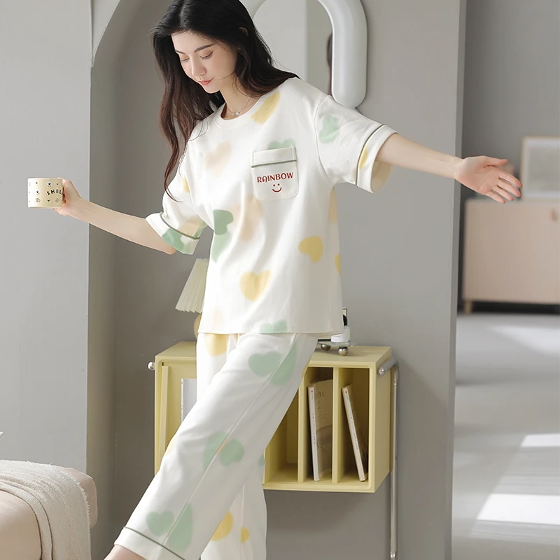四棉【2件套睡衣】爱心睡衣女士夏季棉短袖长裤女士家居服夏79950