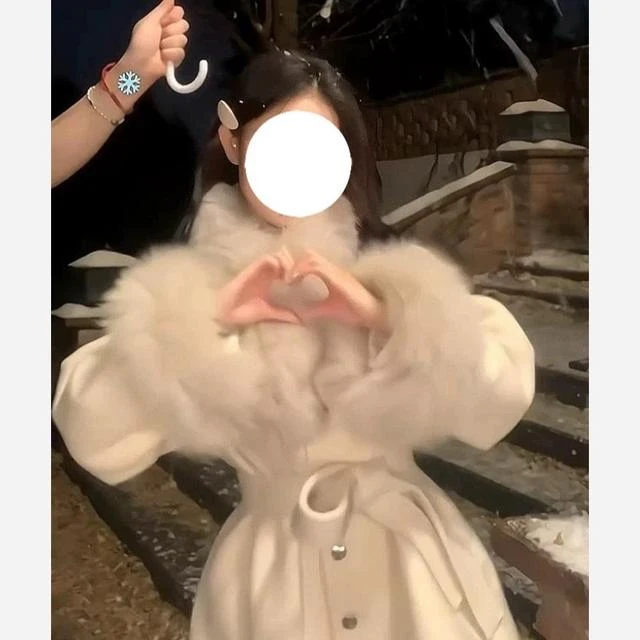 韩剧白月光 千金风毛领高克重套装毛呢拆卸夹棉斗篷大衣