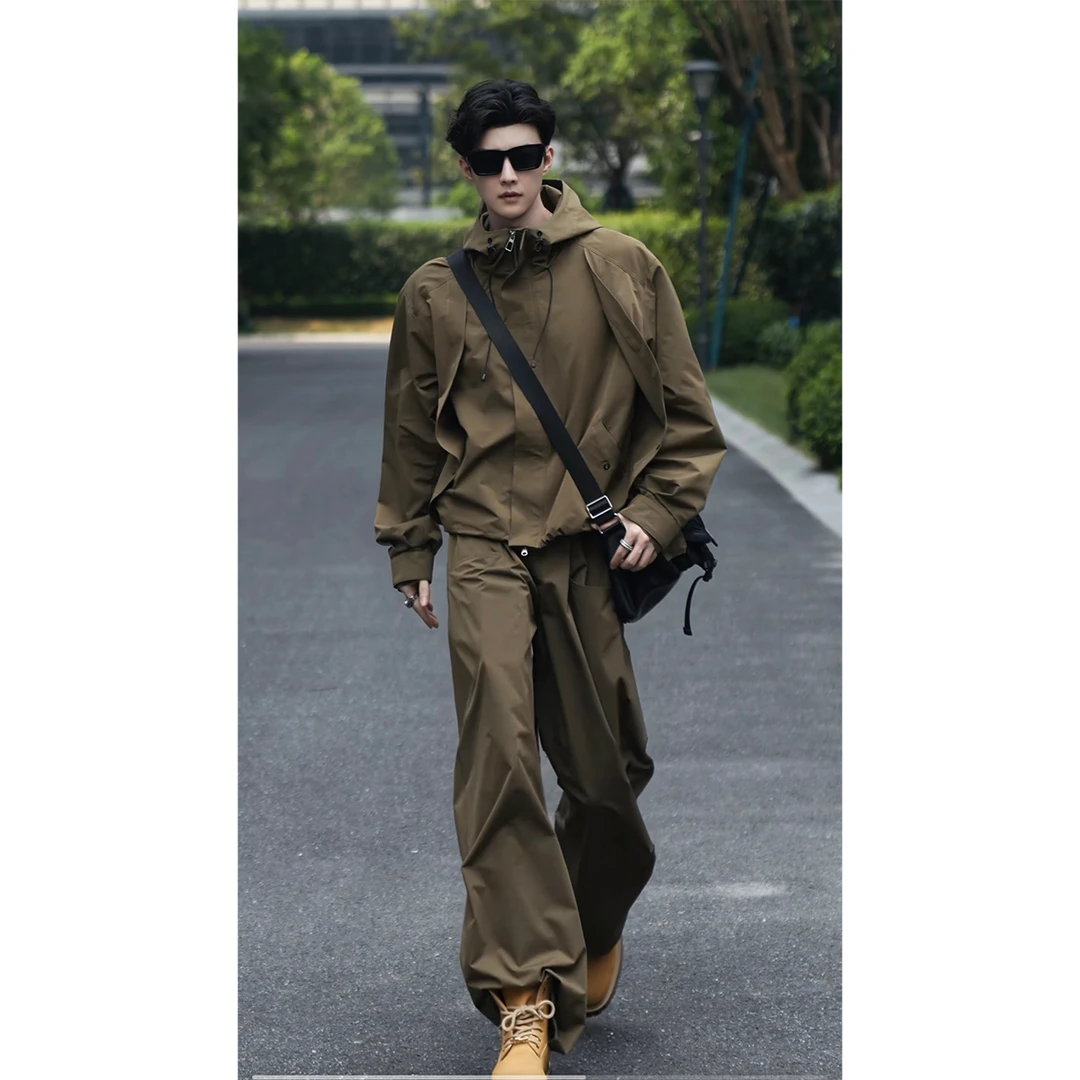 龙叨叨秋季新款潮流美式休闲户外工装连帽夹克男宽松百搭长裤套装