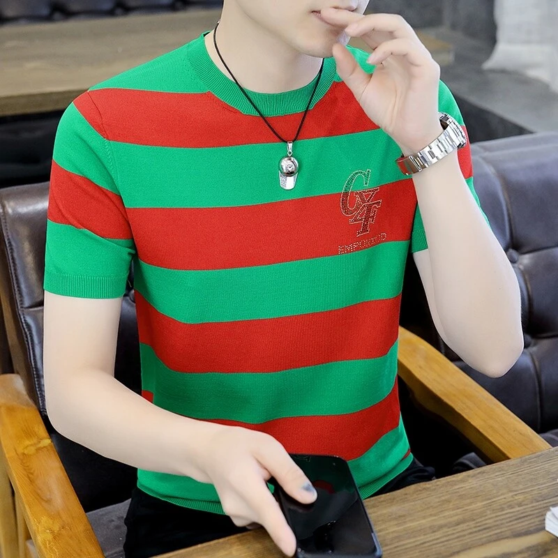 2025夏季新款高品质时尚轻奢条纹冰麻针织提花潮流修身圆领短袖t