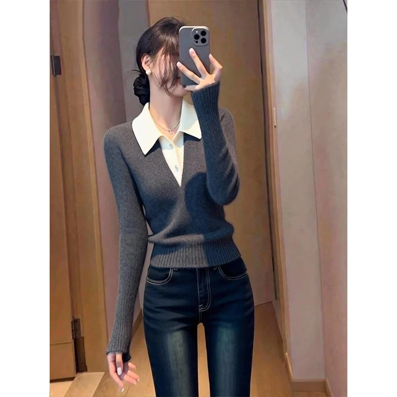 韩版时尚灰色翻领针织衫女秋冬季新款时尚洋气时髦气质长袖上衣潮