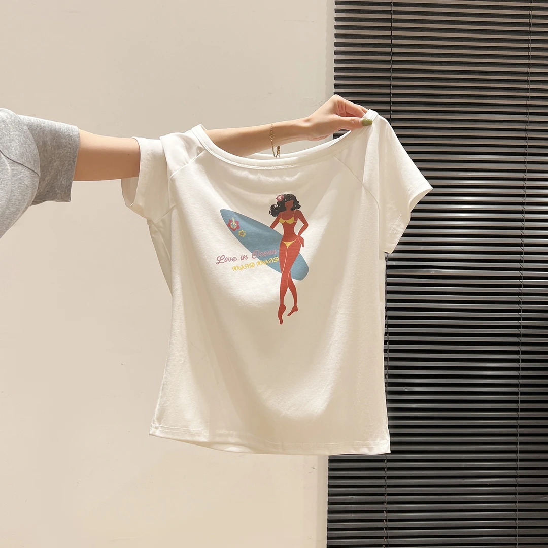 【现货】美式辣妹印花冲浪板女孩斜肩露肩短袖t恤女夏一字肩小上衣