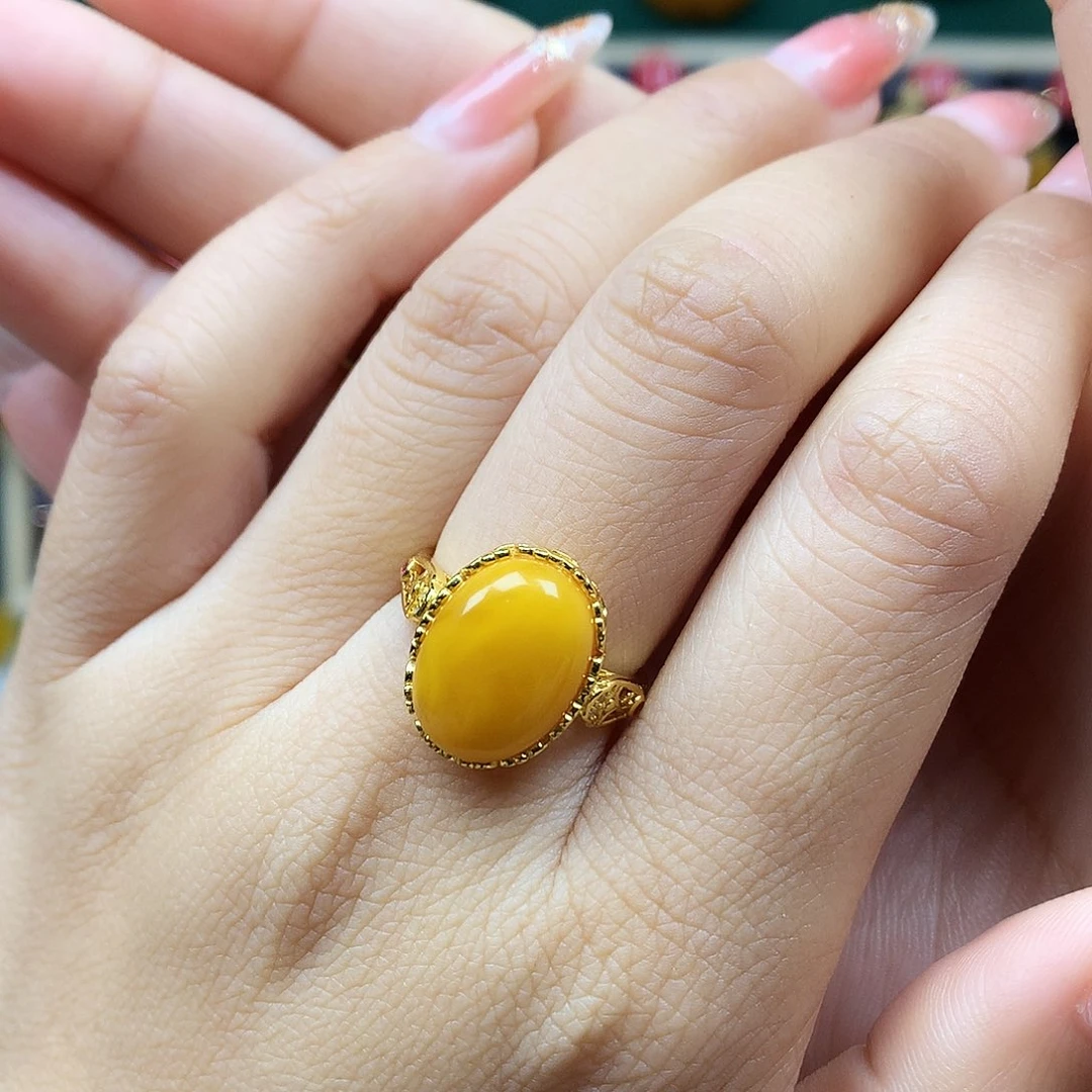 蜜蜡戒指银S925镶嵌戒指