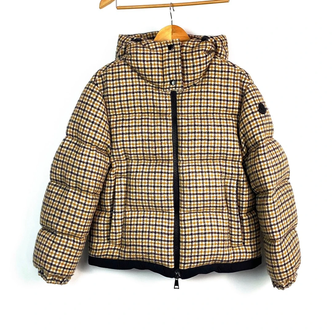 1码 蒙口 黄色毛呢格纹羽绒服 98新 lm1956