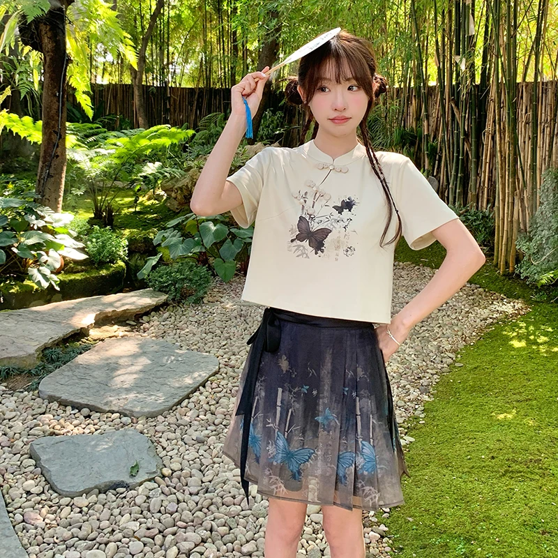 东京岁时记JK水云烟原创设计新中式套装国风修身短袖网纱半身裙女