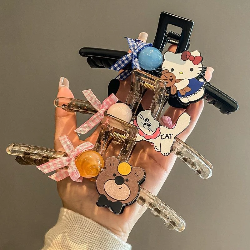 新款Kitty猫咪抓夹可爱少女半扎马尾顶夹ins卡通百搭盘发鲨鱼夹