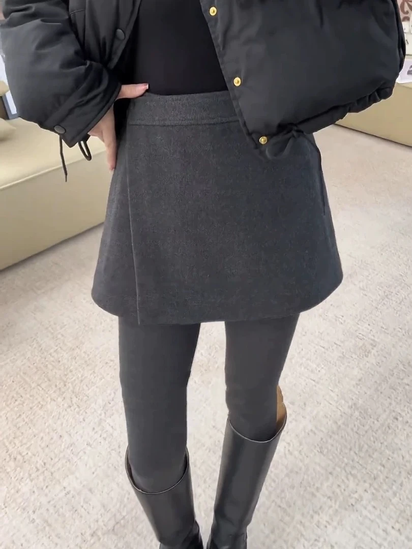 不规则毛呢裙裤加厚短裤百搭冬高腰遮肚外穿打底a字休闲阔腿靴裤