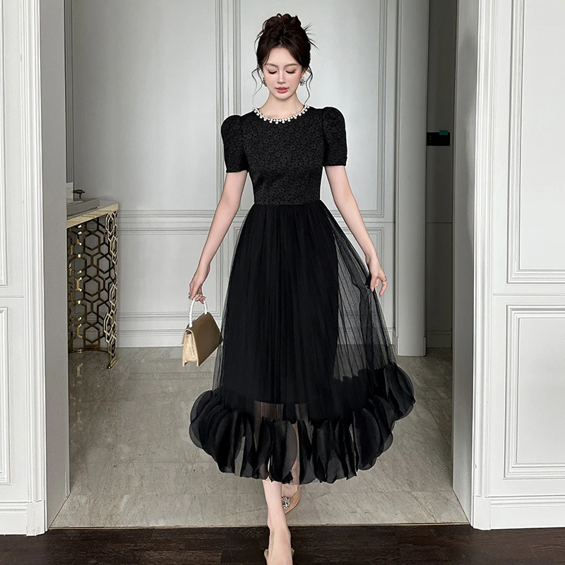 【设计师款】黑色连衣裙女法式赫本风轻奢氛围感平时可穿网纱蓬蓬裙
