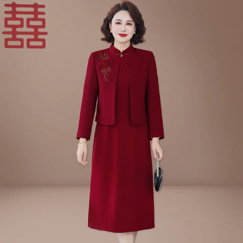 喜婆婆婚宴礼服平时可穿妈妈礼服两件套优雅高贵旗袍领红色连衣裙