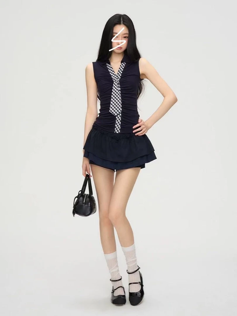 【米妮】格雷学姐 格纹领带修身小上衣荷叶边裙裤