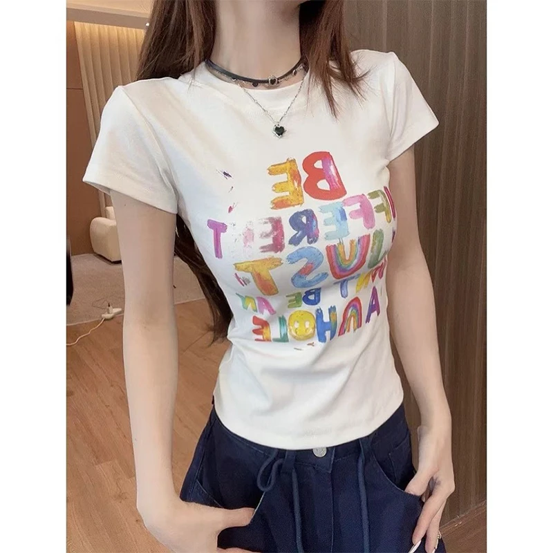 夏季印花正肩短袖T恤女美式字母涂鸦辣妹修身显瘦上衣潮 白色不透