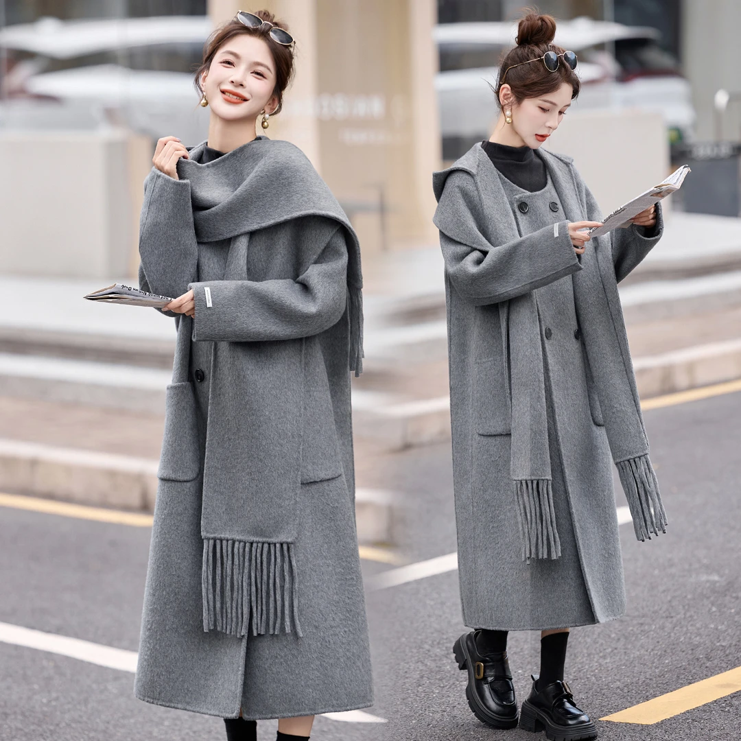 双面羊毛大衣女2025春秋气质围巾连帽小香风时尚毛呢外套两件套潮