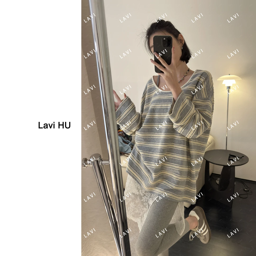 百搭便利贴 时尚宽松条纹圆领休闲长袖T恤251150