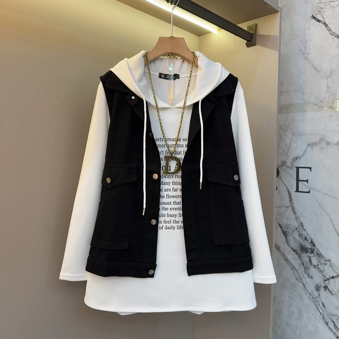 秋款时尚休闲大码女装韩版牛仔马甲百搭字母帽衫上衣显瘦套装8683