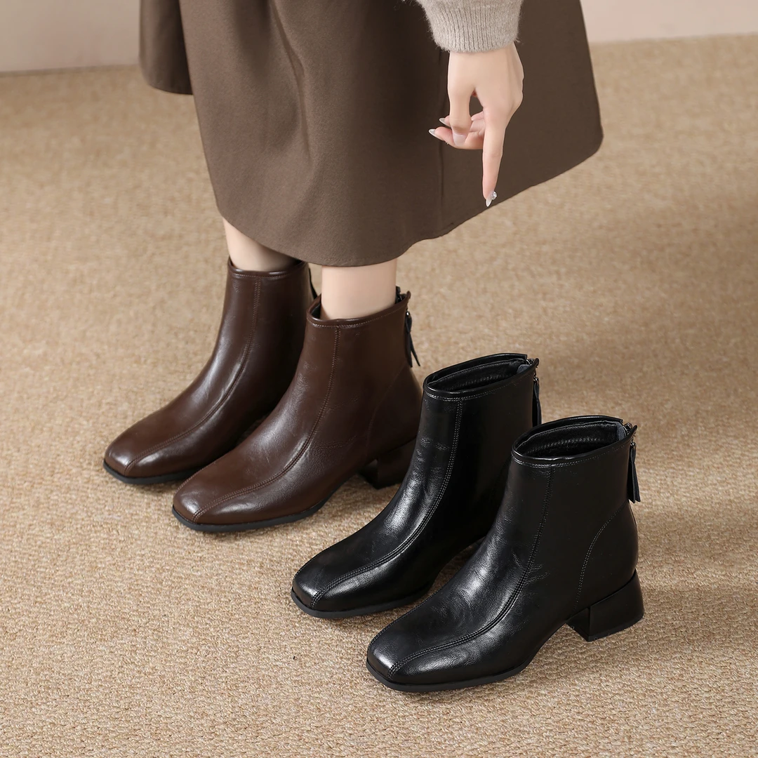 时装靴方头复古高跟马丁靴秋冬加绒女靴女鞋367