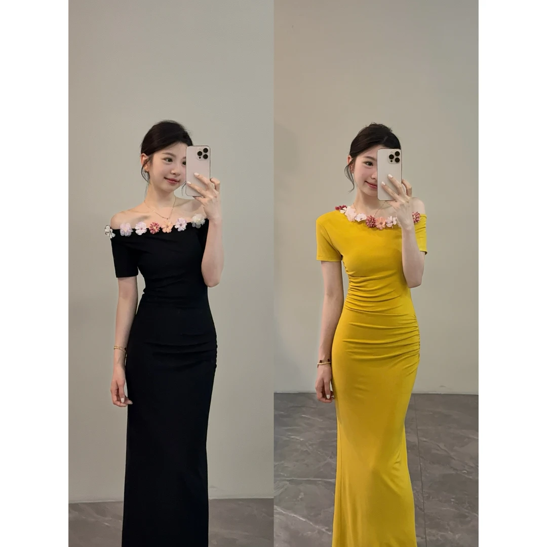 【颂宋】夏季新款立体花朵斜肩温柔收腰显瘦连衣裙DT1221