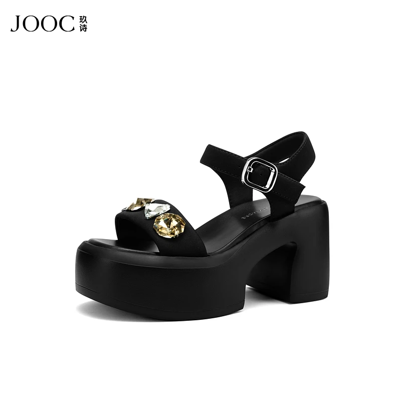 JOOC玖诗黑色凉鞋女夏季新款防水台粗跟高跟鞋露趾百搭女鞋