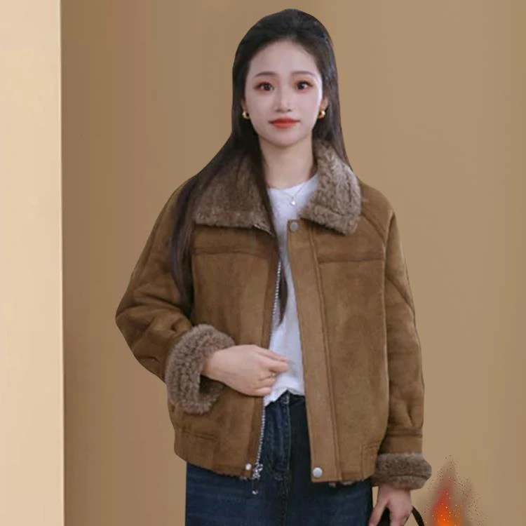 覆古皮毛一体加厚保暖外套女秋冬韩系时尚小众高级感翻领短款上衣