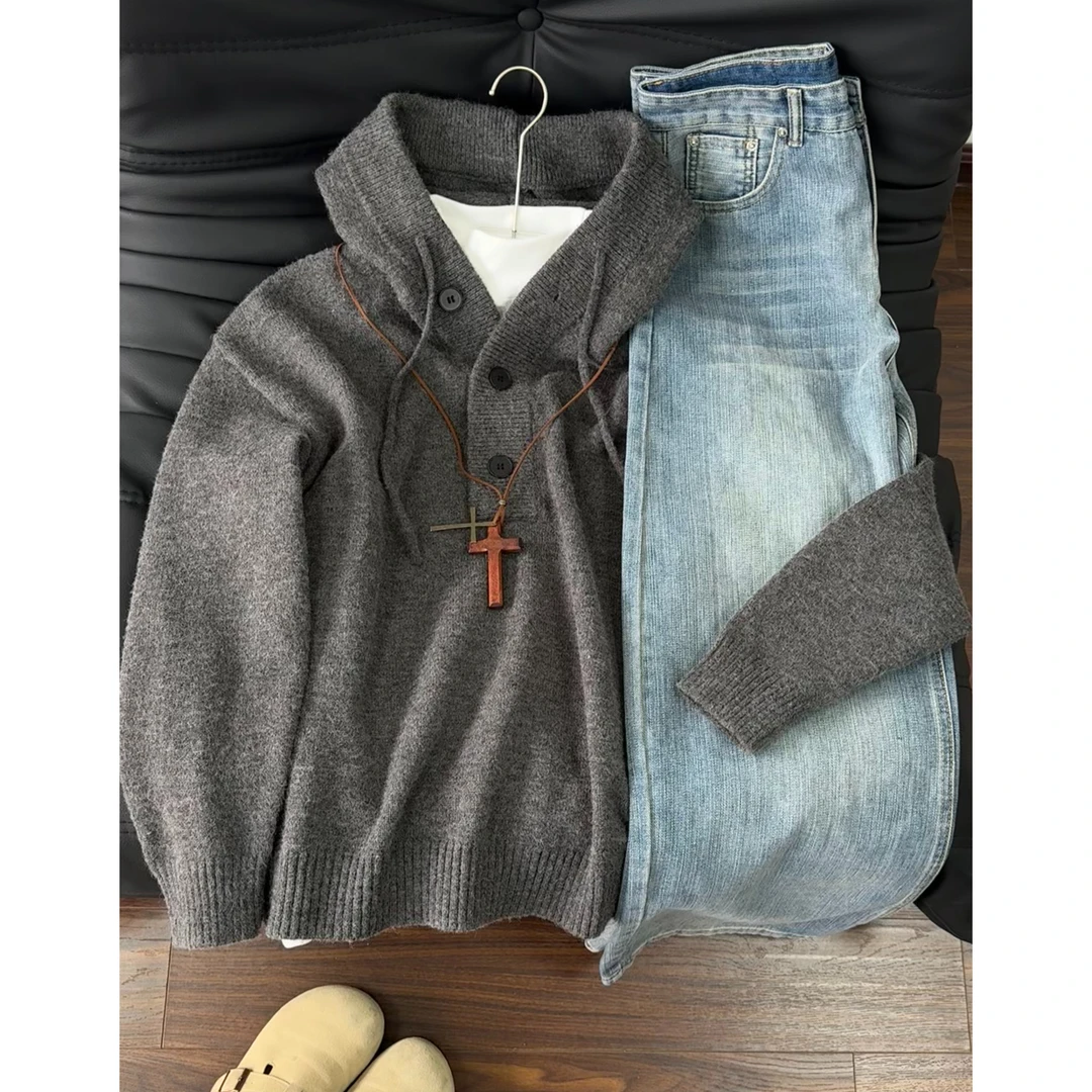 深灰色美式复古连帽针织亨利领毛衣男秋冬潮牌慵懒风重磅上衣外套